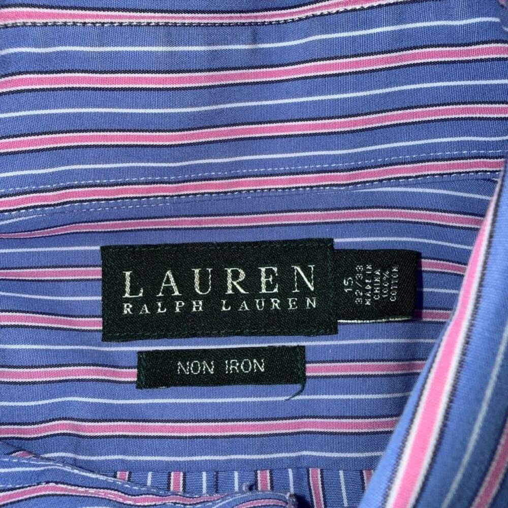Lauren Ralph Lauren Men's Non-Iron Blue and Pink Striped Long Sleeve Dress Shirt